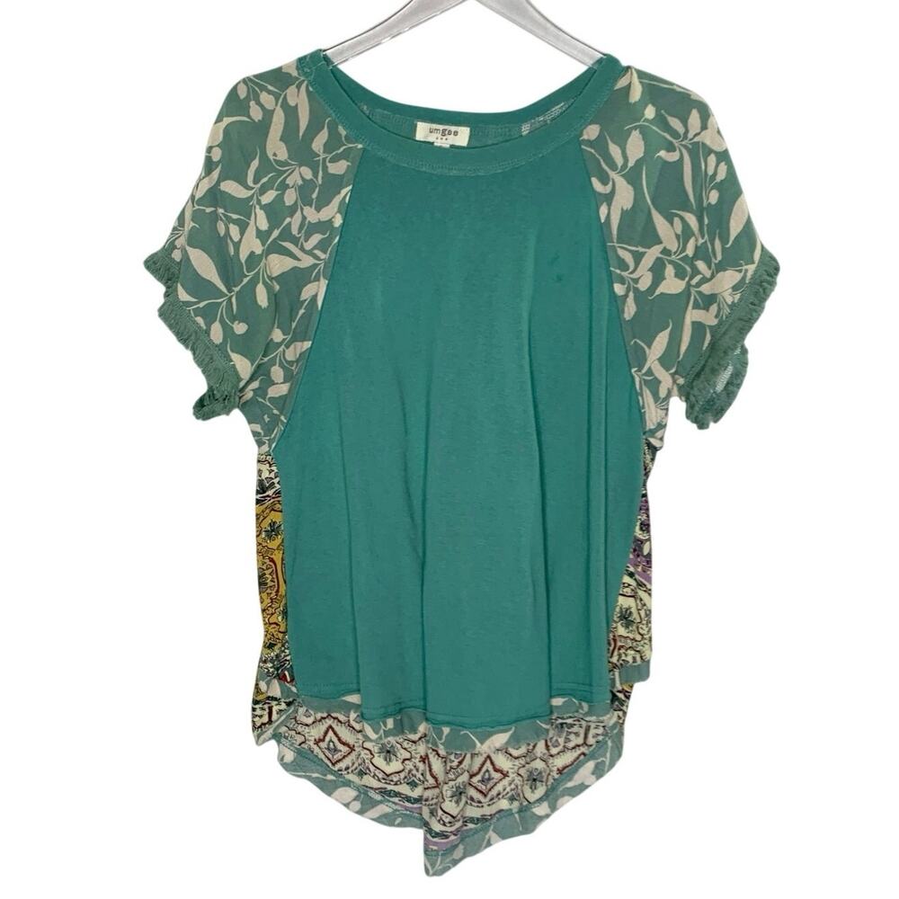 Umgee Boho Mixed Print Tunic Top S Dusty Mint Green Contrasting Floral Relaxed